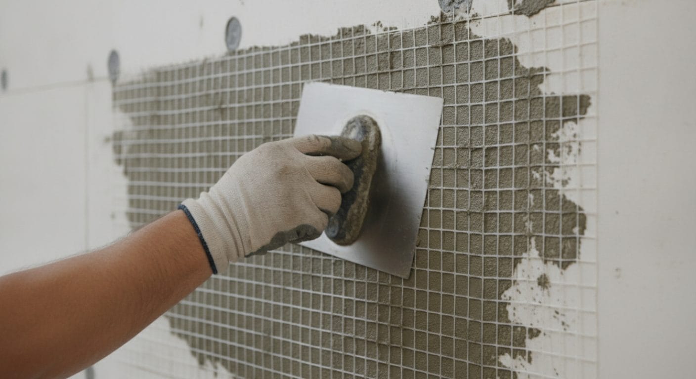 Einbettung von Armierungsgewebe in Armierungsmörtel auf einer WDVS-Fassade
