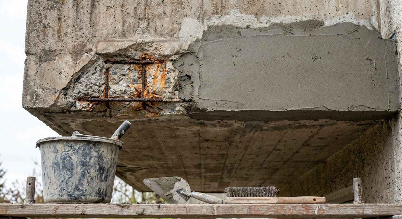Abgeplatzte Betonstelle mit freiliegender Bewehrung und Reparaturmörtel
