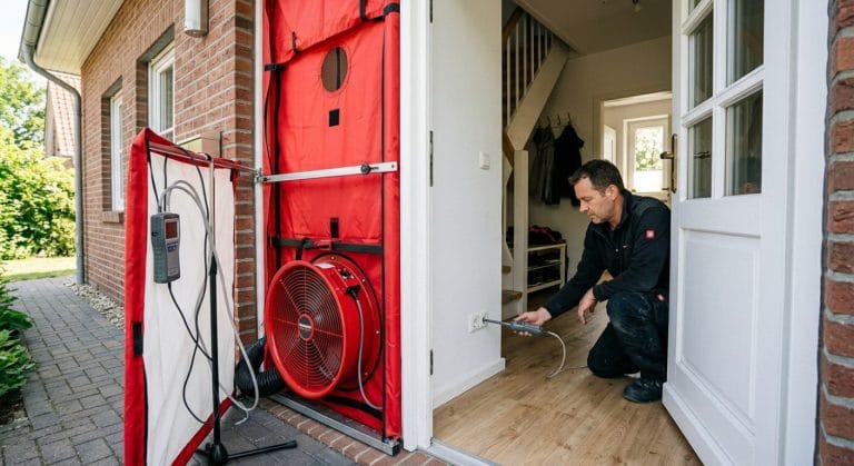 Blower-Door-Gebläse in der Haustür während der Luftdichtheitsmessung