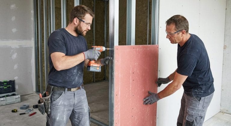 Verschrauben einer Brandschutzplatte auf einer Metallständerwand