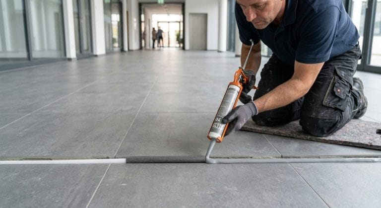 Elastische Verfugung einer Bewegungsfuge im Fliesenboden über Hinterfüllschnur