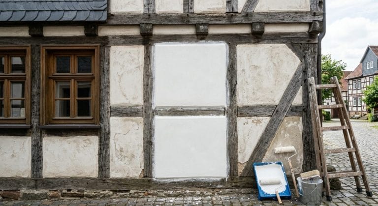 Historische Fachwerkfassade mit angelegter Musterfläche in Kalkfarbe