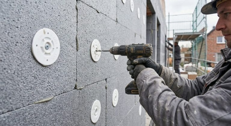 Dämmstoffteller und Schraubdübel auf einer WDVS-Fassade