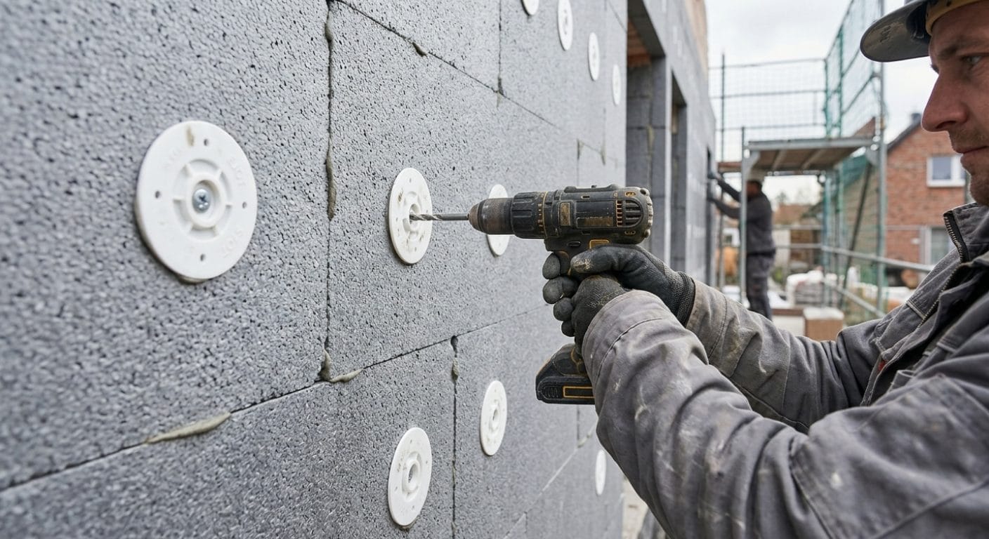 Dämmstoffteller und Schraubdübel auf einer WDVS-Fassade