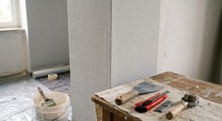 Tapezierte Innenecke mit Tapezierspachtel, Cuttermesser und Nahtroller