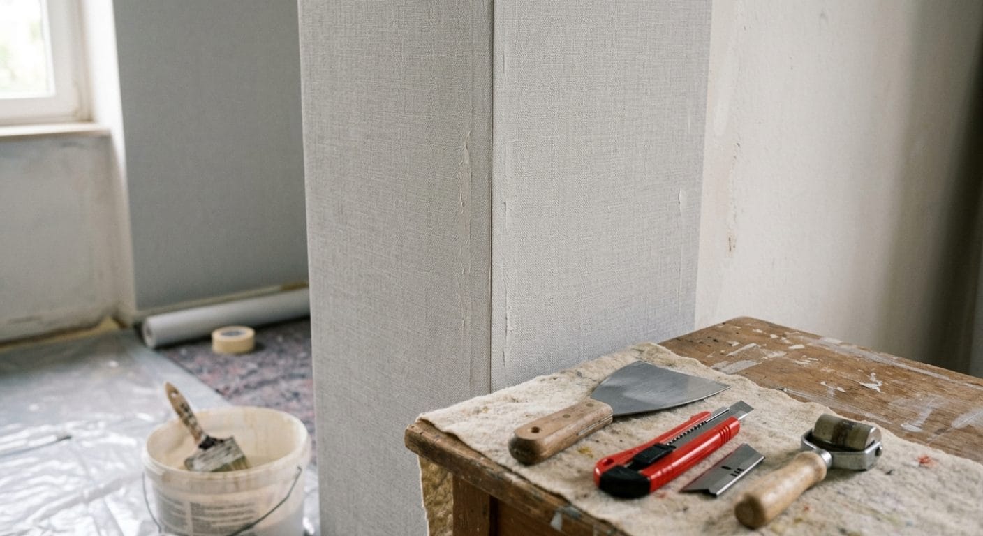 Tapezierte Innenecke mit Tapezierspachtel, Cuttermesser und Nahtroller