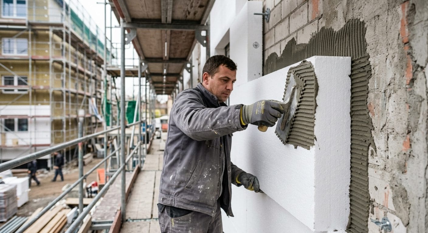 EPS-Dämmplatte wird mit Klebemörtel an einer Fassade verklebt