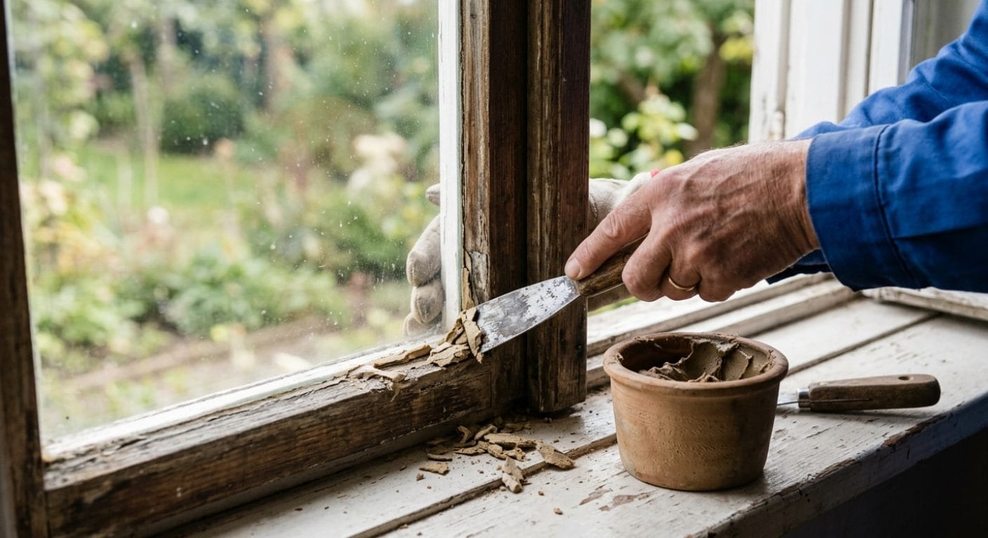 Alten Fensterkitt mit dem Kittmesser aus dem Glasfalz entfernen