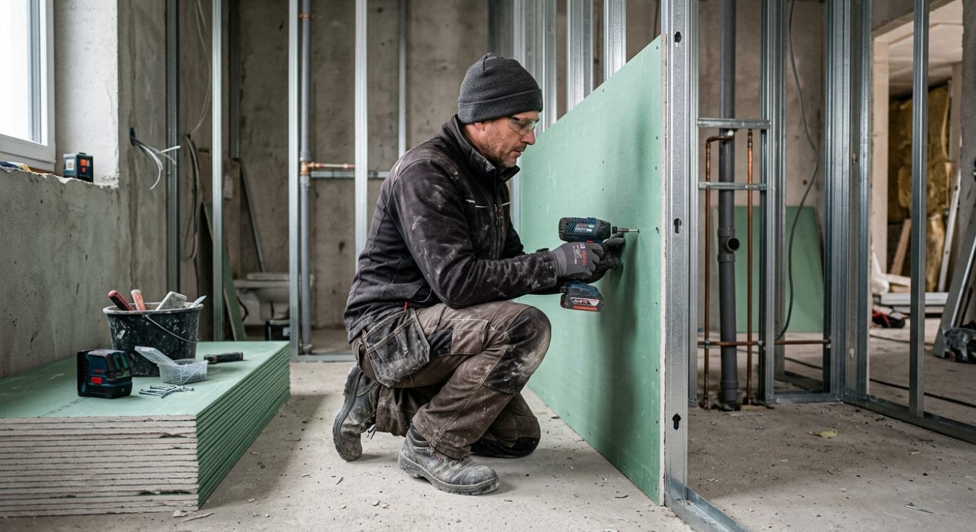Montage einer grünen Feuchtraumplatte auf Metallständerwerk im Bad