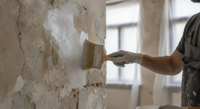 Auftrag von Fixativ auf einen alten, kreidenden Kalkanstrich