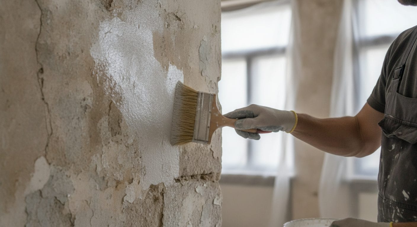 Auftrag von Fixativ auf einen alten, kreidenden Kalkanstrich