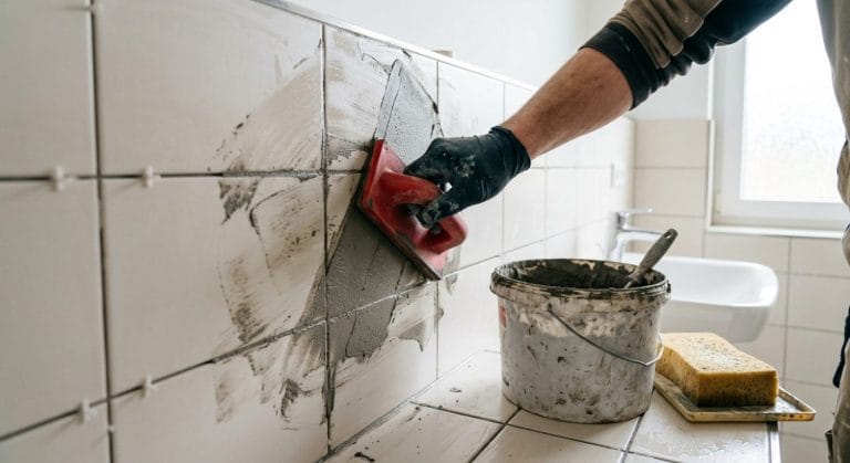 Einschlämmen von Fugenmörtel in eine frisch verlegte Fliesenfläche