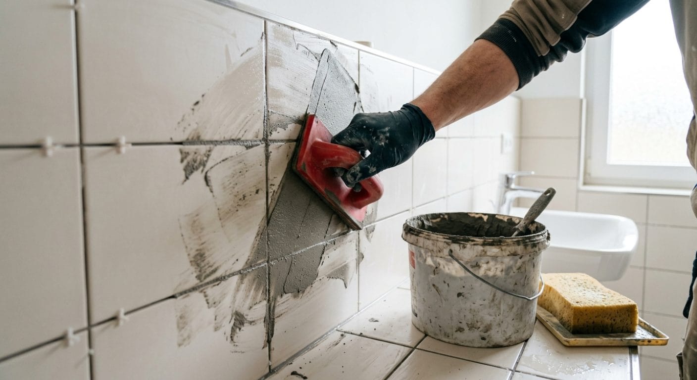 Einschlämmen von Fugenmörtel in eine frisch verlegte Fliesenfläche