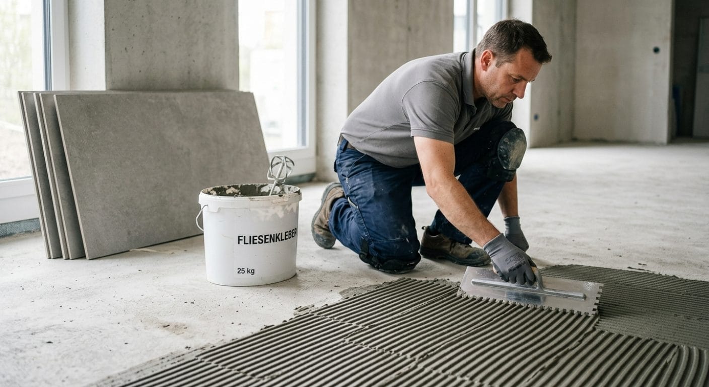 Auftragen von Fliesenkleber mit der Zahnkelle im Kammbettverfahren