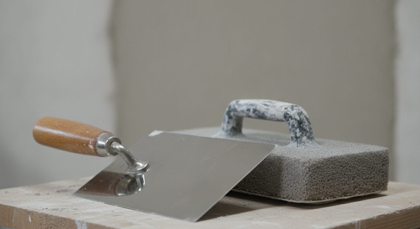 Glättkelle und Reibebrett mit Schwammbelag nebeneinander