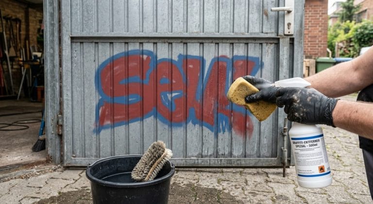 Graffiti auf einem Garagentor wird mit einem Reiniger selbst entfernt