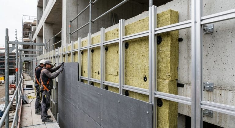 Aufbau einer hinterlüfteten Fassade mit Unterkonstruktion und Bekleidung