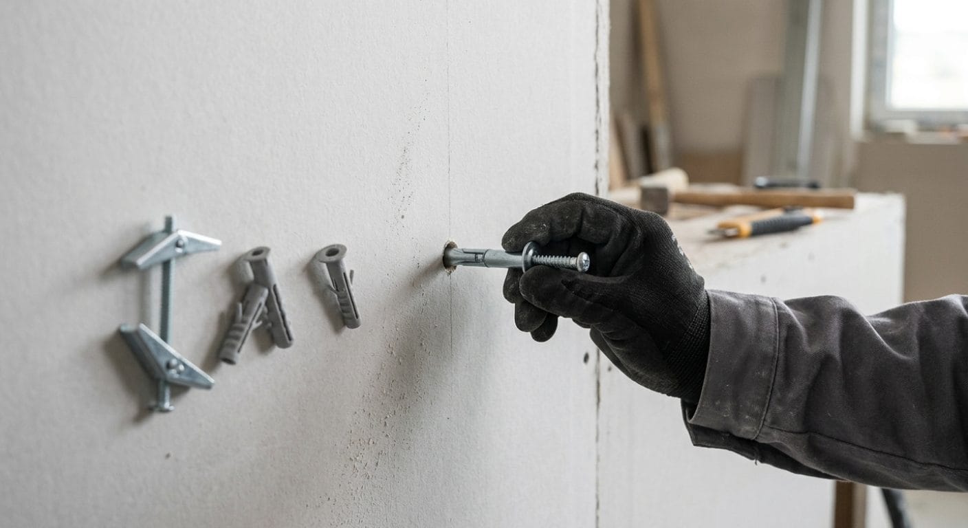 Verschiedene Hohlraumdübel an einer Gipskartonwand
