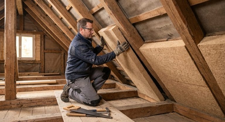 Einbau einer Holzfaserdämmplatte zwischen Dachsparren