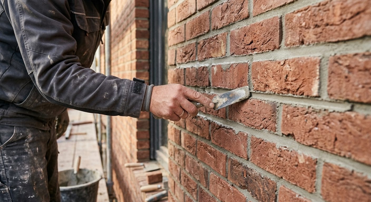 Handwerker verfugt eine Klinkerriemchen-Fassade