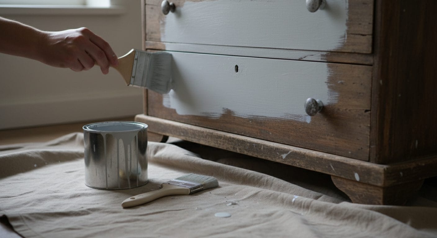Eine Holzkommode wird mit grauer Kreidefarbe gestrichen