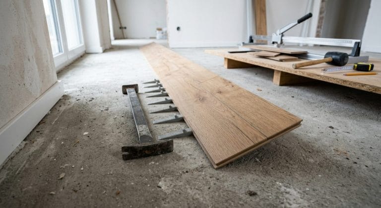 Angebrochene Laminatreihe mit Verlegewerkzeug auf vorbereitetem Untergrund