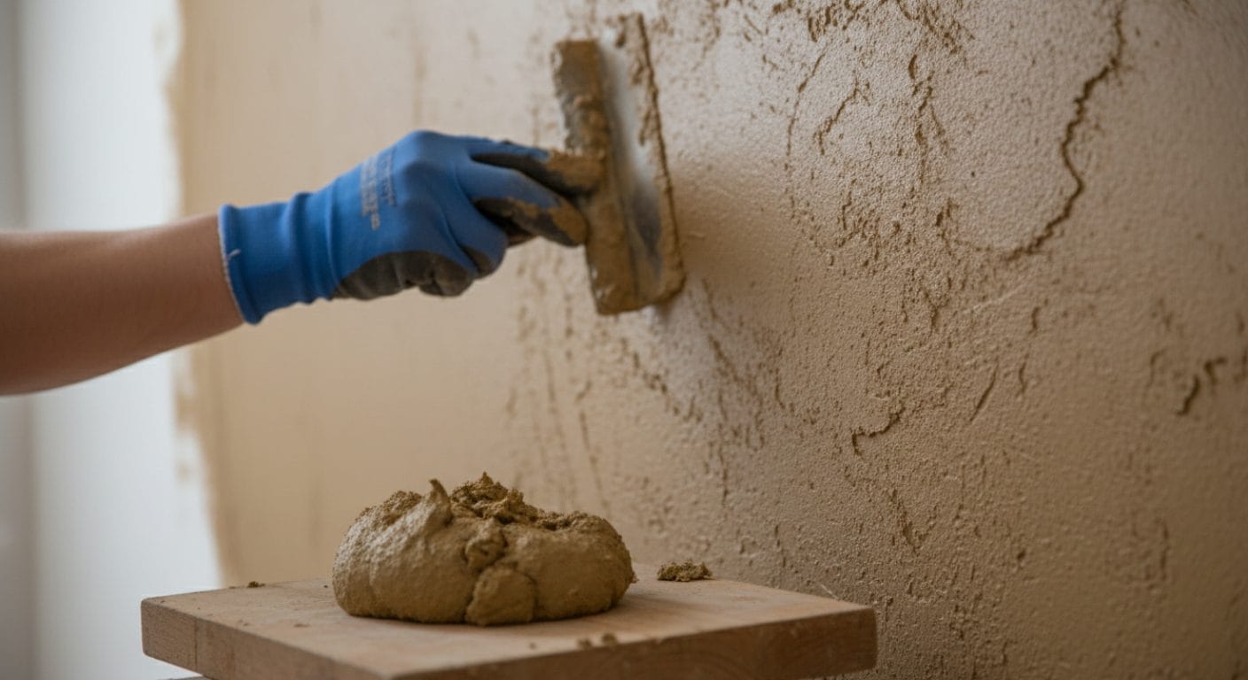 Erdbrauner Lehmputz wird an einer Innenwand aufgezogen