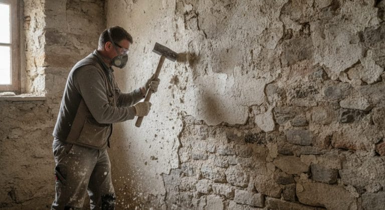 Abschlagen eines salzbelasteten Opferputzes von historischem Mauerwerk