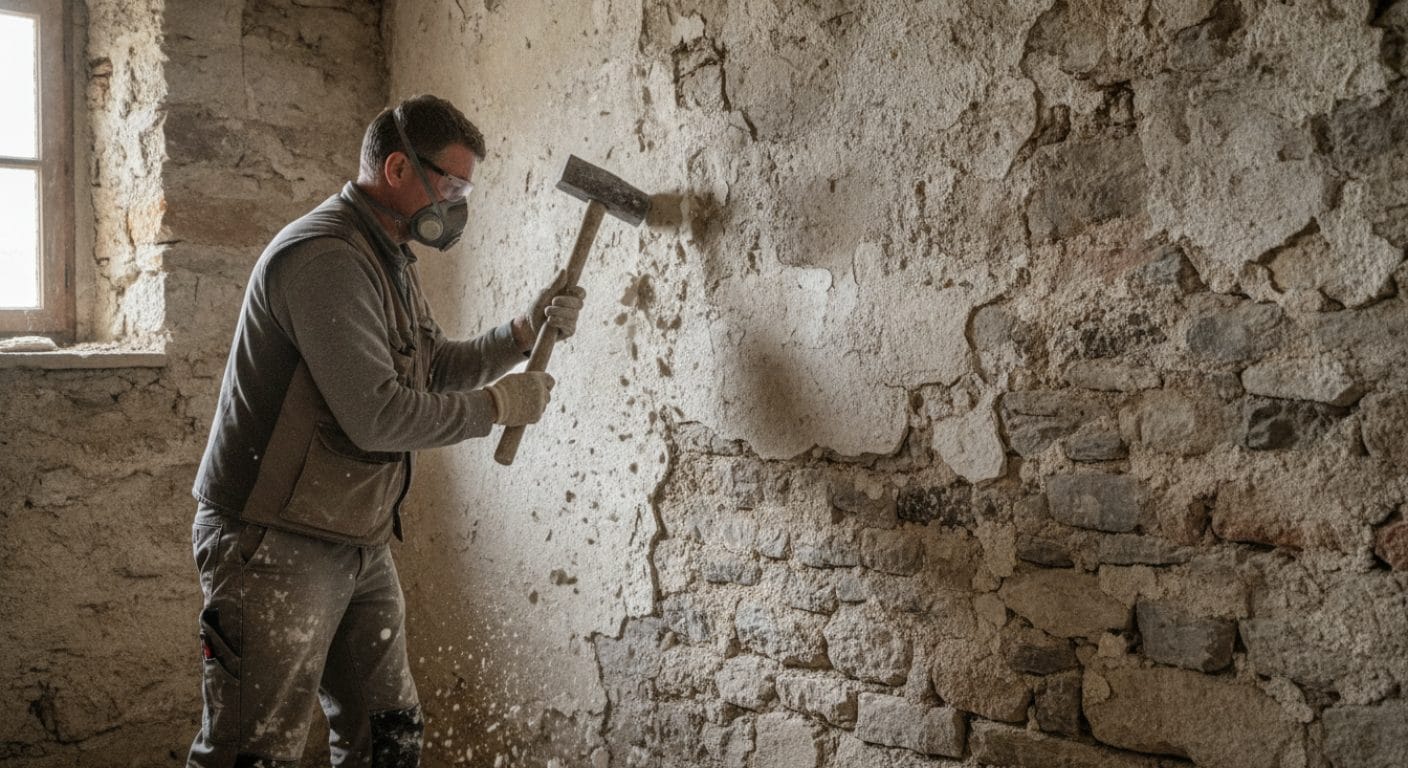 Abschlagen eines salzbelasteten Opferputzes von historischem Mauerwerk