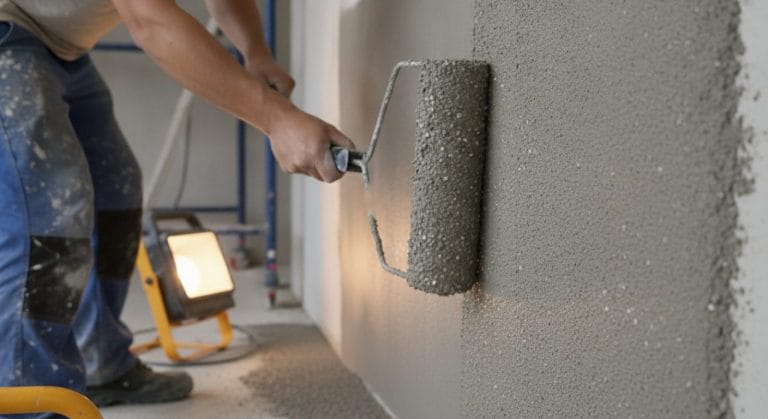 Auftrag von Putzgrund mit Quarzkorn auf eine Betonwand