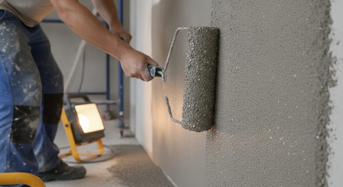 Auftrag von Putzgrund mit Quarzkorn auf eine Betonwand