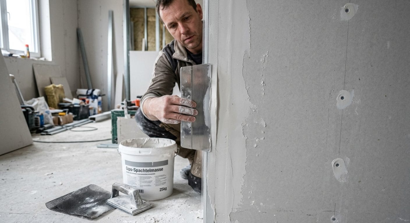 Rigipsplatten verspachteln: Bewehrungsstreifen in den Plattenstoß einbetten