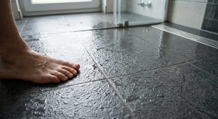 Nasser rutschhemmender Feinsteinzeugboden im Barfußbereich einer Dusche