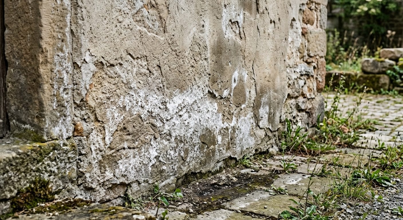 Weiße Salzausblühungen auf dem Sockelputz einer Mauerwerkswand