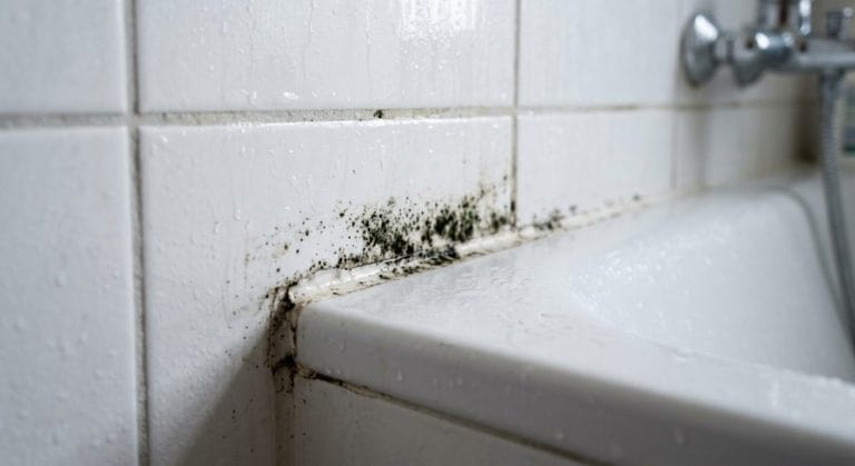 Silikonfuge zwischen Wandfliese und Duschwanne mit beginnendem Schimmelbefall