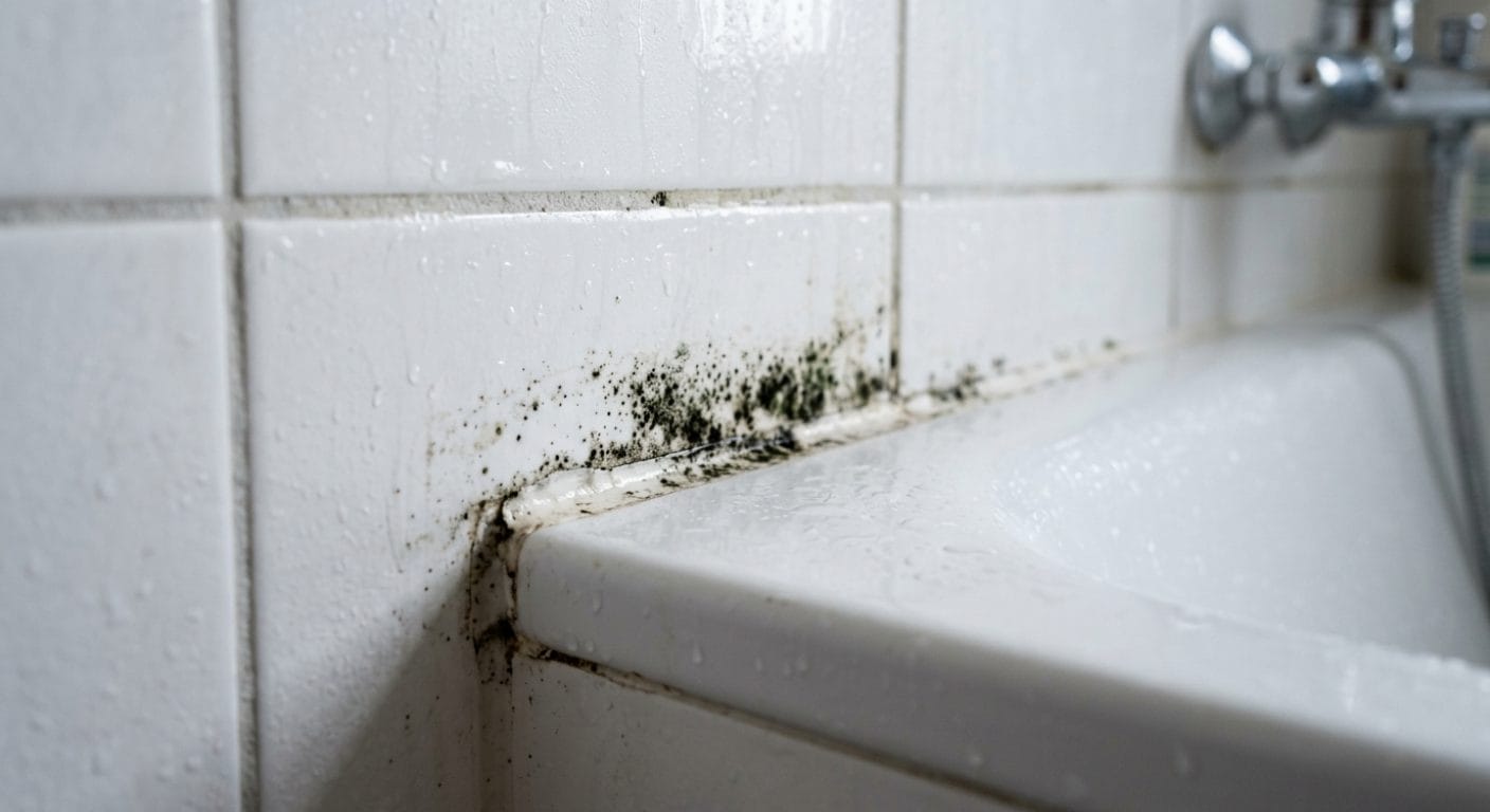 Silikonfuge zwischen Wandfliese und Duschwanne mit beginnendem Schimmelbefall