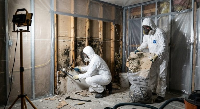 Rückbau einer befallenen Wand bei einer Schimmelsanierung mit Staubschutz