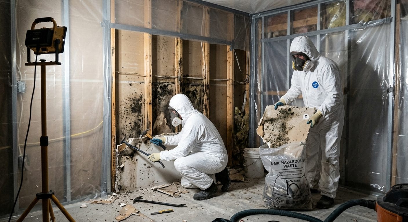 Rückbau einer befallenen Wand bei einer Schimmelsanierung mit Staubschutz