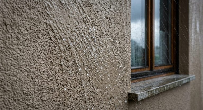 Schlagregen trifft schräg auf eine wasserabweisende Putzfassade