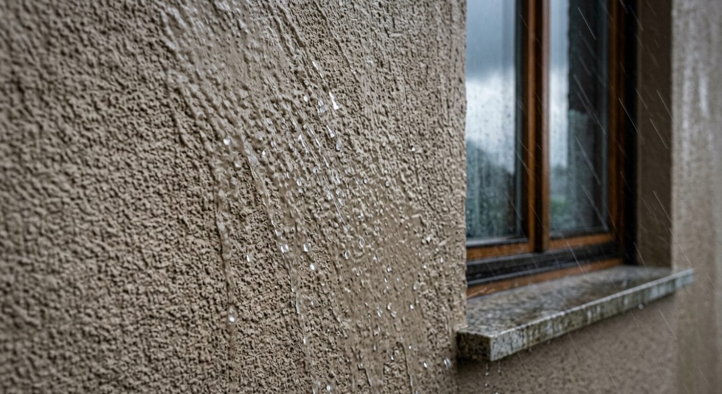 Schlagregen trifft schräg auf eine wasserabweisende Putzfassade
