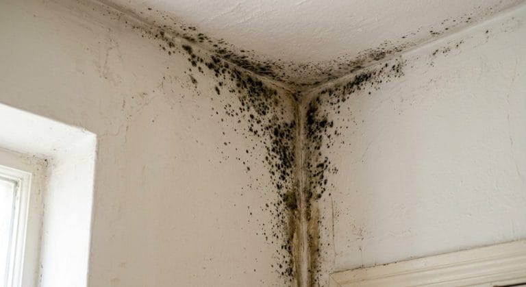 Dunkler Schimmelbefall in einer Raumecke an Wand und Decke