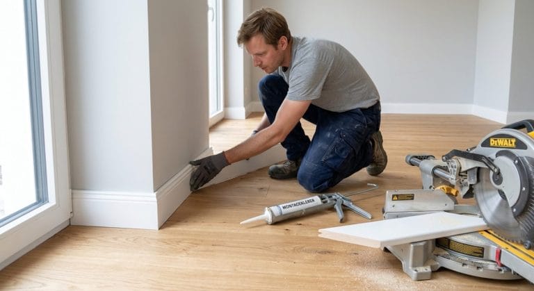 Montage einer weißen Sockelleiste an der Wand über einem Holzboden