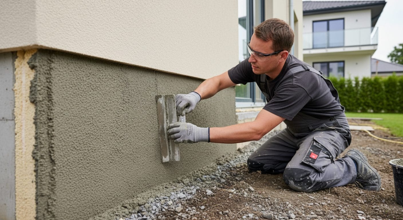 Grauer Sockelputz wird am Gebäudesockel aufgetragen