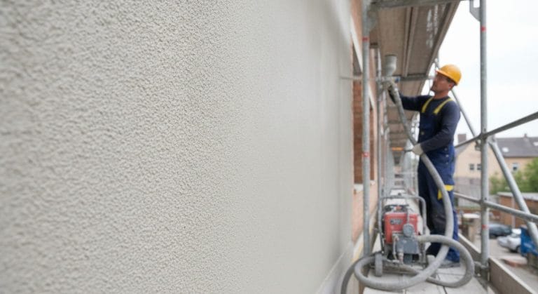 Maschineller Auftrag von Spritzputz auf eine Fassade