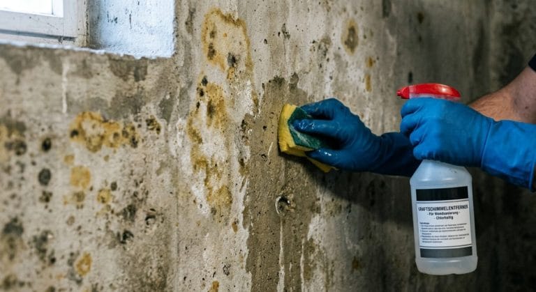 Gelblich-braune Stockflecken an einer feuchten Kellerwand