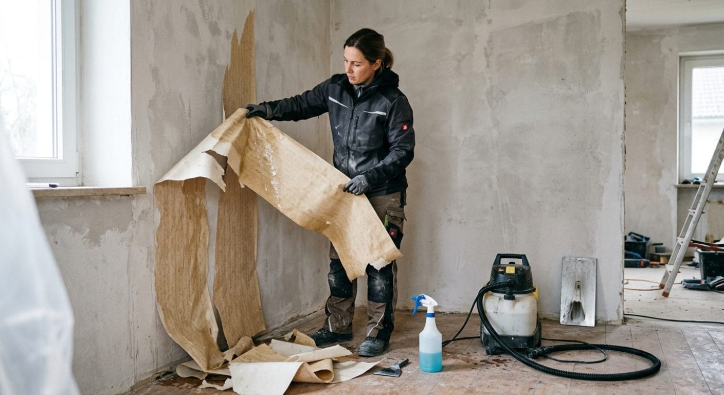 Abziehen einer durchweichten Tapete von der Wand