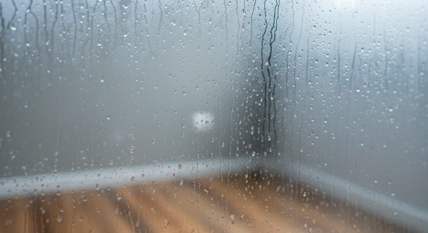 Kondenswasser an einer beschlagenen Fensterscheibe