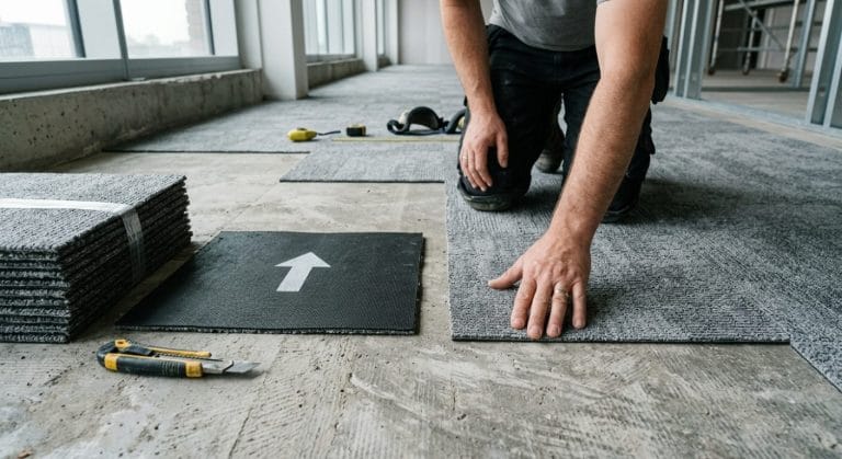 Teppichfliesen werden lose auf dem vorbereiteten Untergrund ausgelegt, eine Fliese zeigt die Rückseite mit Richtungspfeil