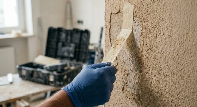 Klebeband-Abrisstest zur Prüfung der Tragfähigkeit einer sandenden Putzoberfläche
