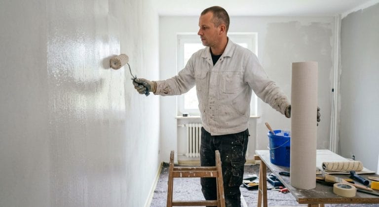 Kleisterauftrag auf die Wand beim Verlegen von Vliestapete